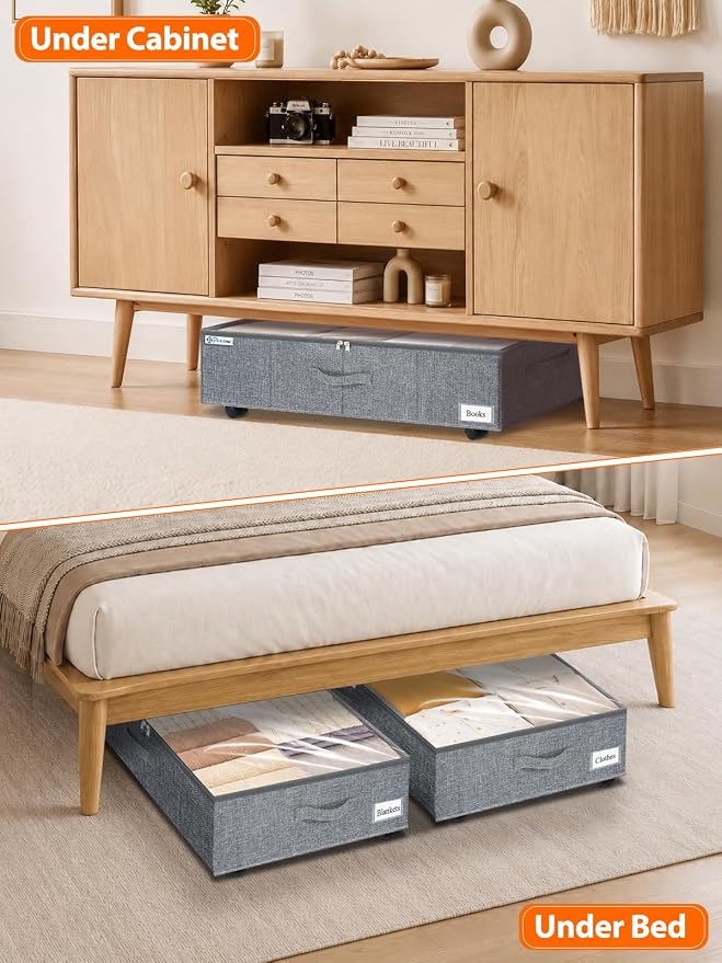 punemi 10 inch Tall 75L Under Bed Storage Bins with Wheels, 2-Pack, Gray