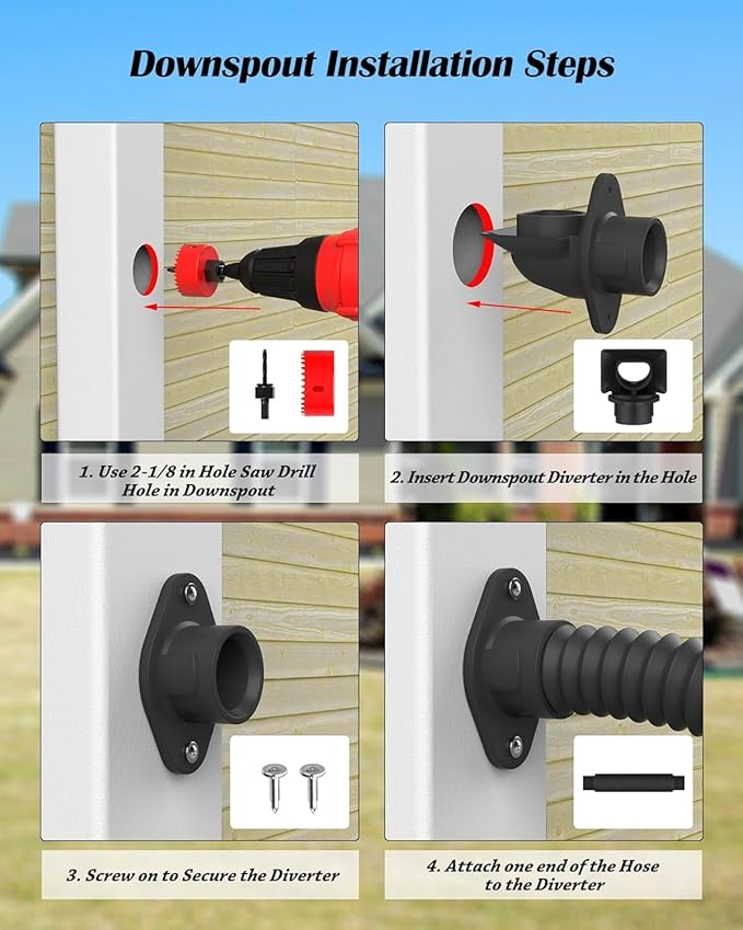 EarthMinded - Aquabarrel DIY, FlexiFit Downspout Diverter Group for 2x3, 3x4 and Round Downspouts - Connects Your Rain Barrel to The Downspout - No Drill Bits (Black, 2" x 3")