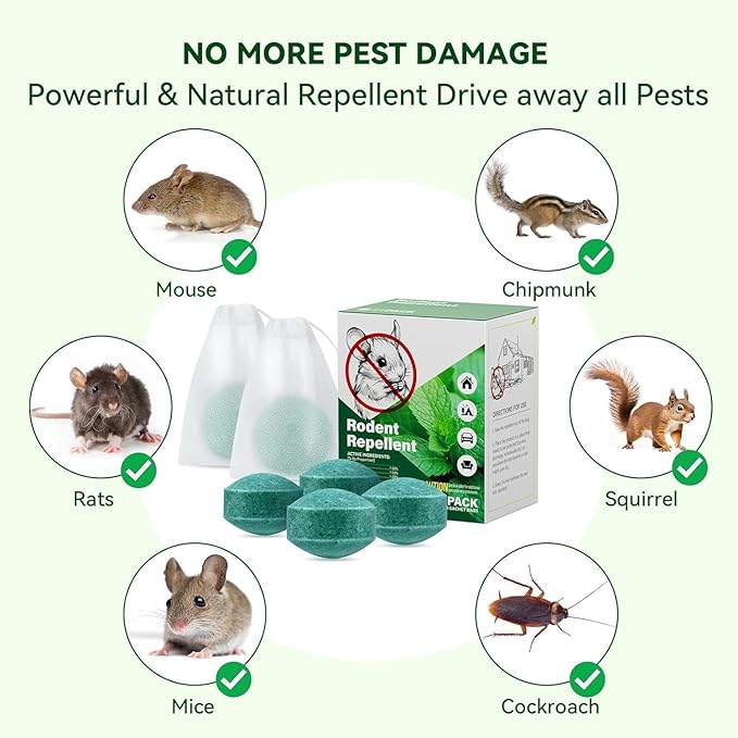 Natural Rodent Repellent, 24 Pack Safe for Children and Pets, Peppermint Formula for Mice, Mouse Control Indoors Outdoors