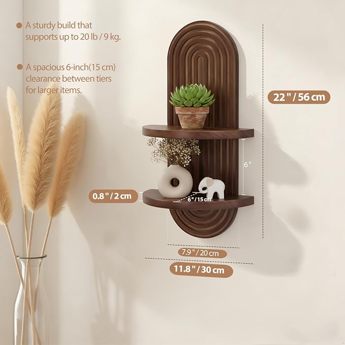 SweetSage Mordern Wall Shelf with Arched Mid Century Art Boho Decor Design Floating Shelves for Home Bedroom Living Room Farmhouse Display Wall Plant Holder Decoration, 22 x 11.8 Inch, Walnut