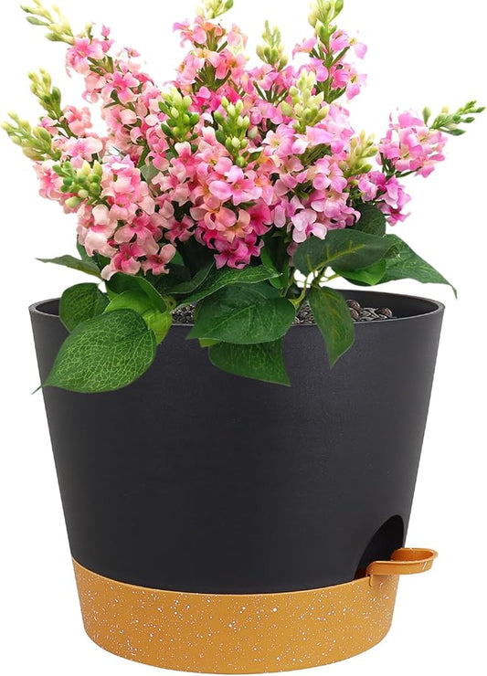 Meowell 12 inch Large Self Watering Pots, Plant Pots with Mesh Drainage Holes for Indoor Outdoor Plants, Plastic Planters with Deep Reservoir for Garden House Flower Plants, Black with Brown