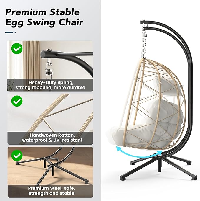 Easyego 2-Person Wicker Hanging Egg Chair with Stand- 700 lb Capacity, Indoor/Outdoor Double Egg Swing Hammock Chair for Patio, Garden, Porch, Living Room, Bedroom-Beige