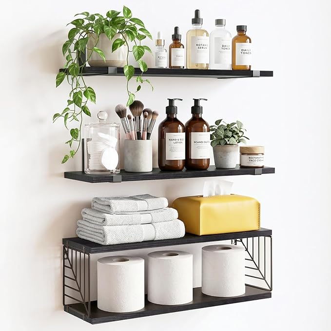 Fixwal 3+1 Tier Bathroom Floating Shelves Over Toilet, Black | Black Wood Shelf Set with Toilet Paper Storage Basket, Natural Finish, 40Lb Weight Limit, Quick Mount, Versatile