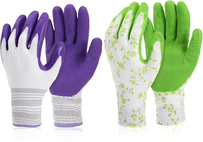 2 Pairs Garden Gloves for Women, Breathable Rubber Coated Gardening Gloves, Outdoor Indoor Work Glove Women for Yard Home Garden Tool Set(Medium Size, Purple+Green)
