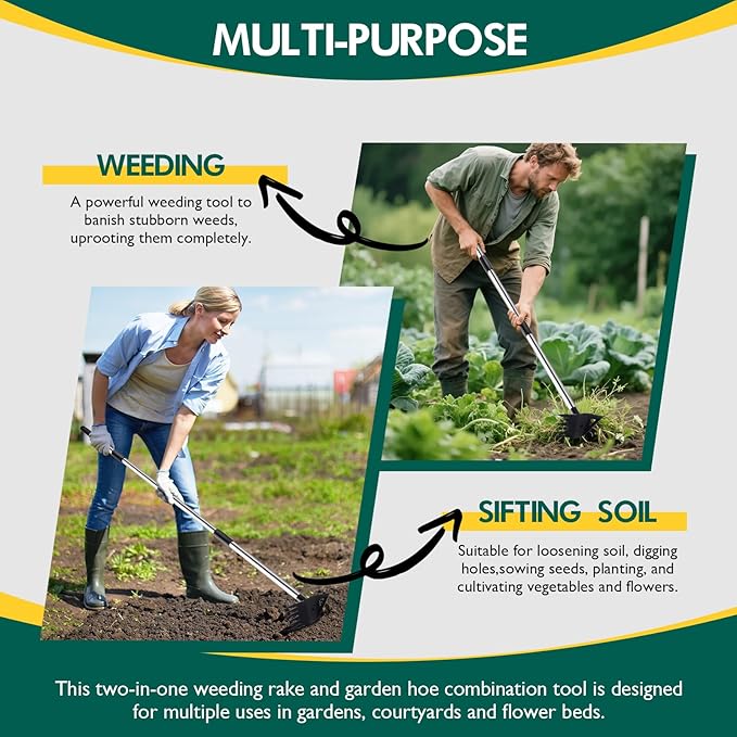 Long Handle Weeding Garden Rake - 2-in-1 Manual Weed Puller Tool with Manganese Steel Head Stand Up Weeder Remover for Lawn Yard Patio Heavy Duty Hand Rake Hoe Combo for Dandelion Removal