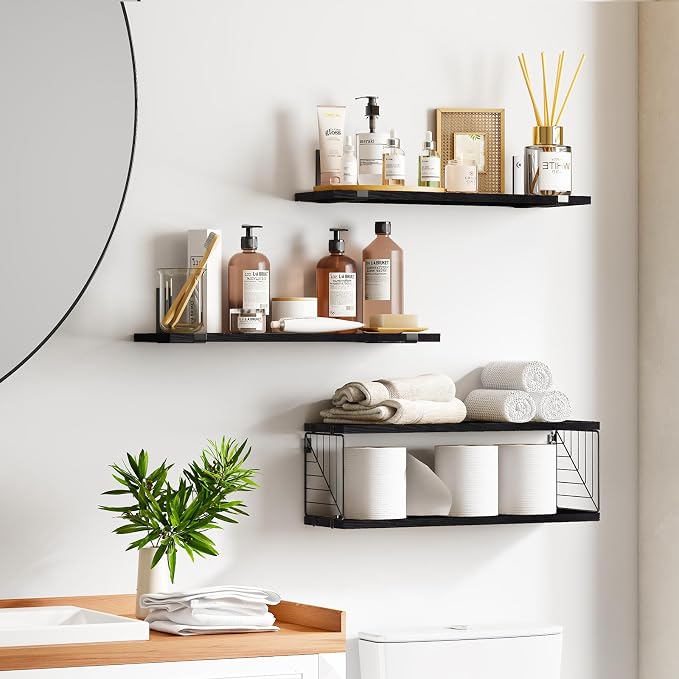 Fixwal 3+1 Tier Bathroom Floating Shelves Over Toilet, Black | Black Wood Shelf Set with Toilet Paper Storage Basket, Natural Finish, 40Lb Weight Limit, Quick Mount, Versatile
