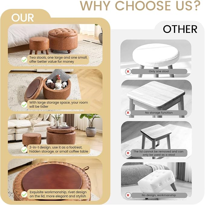 24Inch Round Storage Ottoman, Set of 2, Modern PU Leather Coffee Table with Removable Top, Upholstered Ottoman with Storage Footrest Stool for Living Room, Bedroom (Brown)