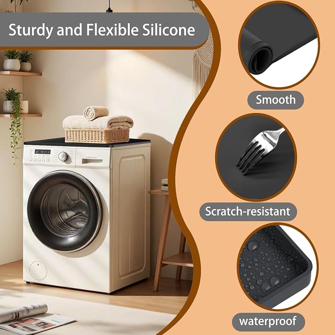 2-Pack Washer Dryer Top Protector Mat 24"x24" – Anti-Vibration Anti-Slip Washing Machine Cover, Raised Edge Waterproof Pad, Shock-Absorbing Silicone Mat for Laundry Basket & Detergent Organizer