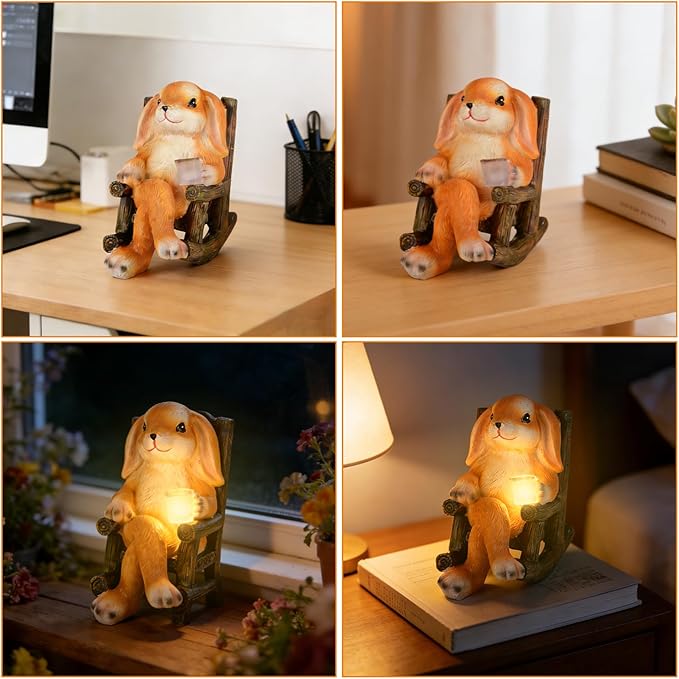 Garden Statues Dog Statue with Solar LED Light, Ideal Gifts for Friends or Family's Birthday, Outdoor Decorations for Yard, Bunny Gift for Easter