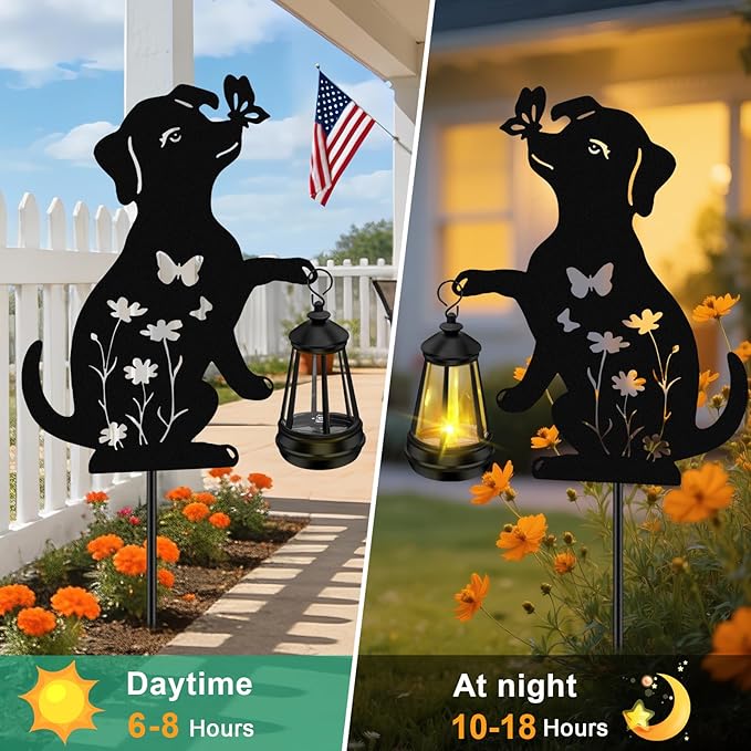 ZFNN Solar Garden Statues Dog Decor - Outdoor Metal Lantern Silhouette Stake, Waterproof Solar Lights for Yard Patio Lawn Pathway Art Decoration, Unique Gardening Gifts for Women Mom Dog Lovers
