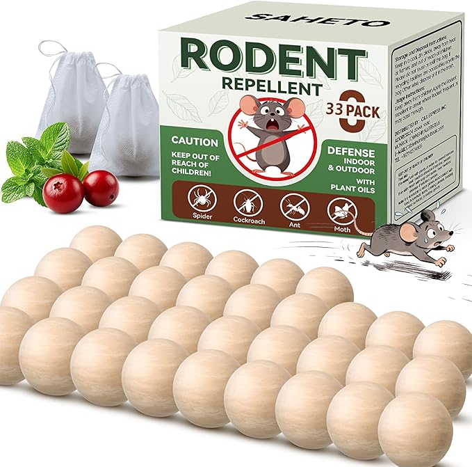 Rodent Repellent 33 Balls, Peppermint Oil Mouse Repellent Indoor & Outdoor Use, Natural Moth Balls for Rodent Mice Repellent for Home, Garage, Car, RV & Garden