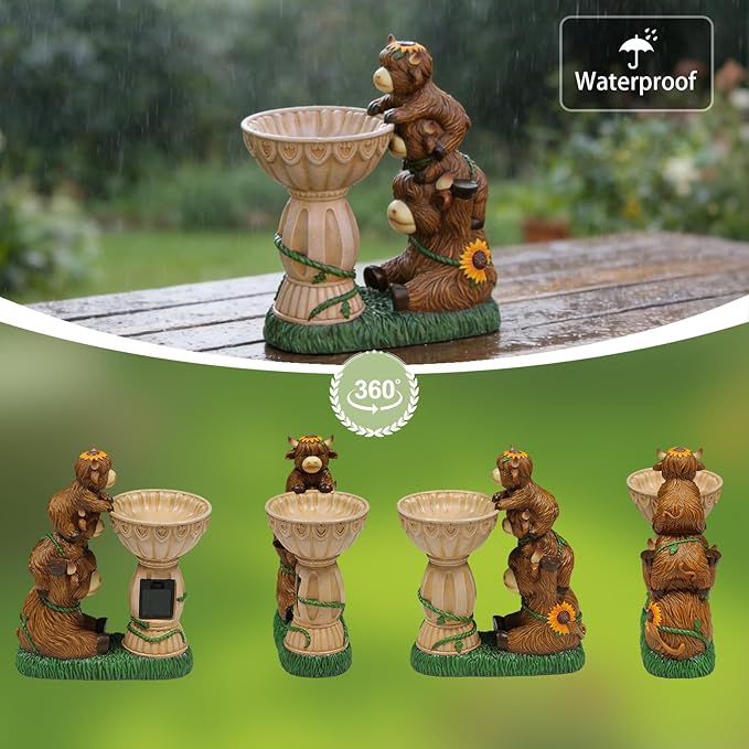Sheaifun Solar Garden Statues Highland Cow Garden Decor Resin Highland Cow Statue with Bird Bath Feeder Light Animal Figurine Outdoor Yard Patio Lawn Decoration Gardening Gifts for Women 9.5 in