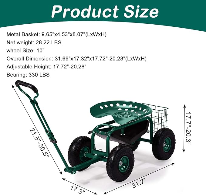 VINGLI Garden Cart, Garden Seat with 360°Swivel Chair, Storage Tool Tray & Steering Handle, Garden Stool with Wheels for Gardening, Patio, Yard, and Outdoor Work (Green)