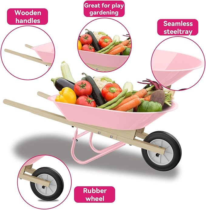 Qtioucp Kids Wheelbarrow Set with Gardening Tools Outdoor Backyard Garden Play for Toddlers Boys Girls 3-8, with Shovel, Rake, Leaf Rake, Easter Birthday Gifts (Pink Garden Set)