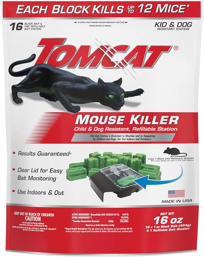 Tomcat Mouse Killer, Child & Dog Resistant, Refillable Station and 16 Baits | Weather-Resistant Indoor/Outdoor Bait Station with Clear Monitoring Lid, 1 Station and 16 Bait Blocks
