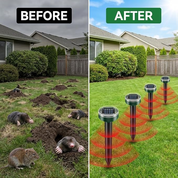 Solar Powered Mole Repellent Stakes - Ultrasonic Outdoor Rodent Repellent for Voles, Groundhogs, Snakes & Chipmunks - IP44 Waterproof Lawn & Garden Pest Control, Pet Safe – 10 Pack, Round