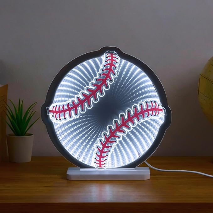 3D Baseball Infinity Mirror Light, 3D LED Infinity Mirror Night Light with Endless Stadium Tunnel Effect, USB Powered 3D LED Lights for Man Cave & Game Room Decor, Gift for Boys Men, 9.1"