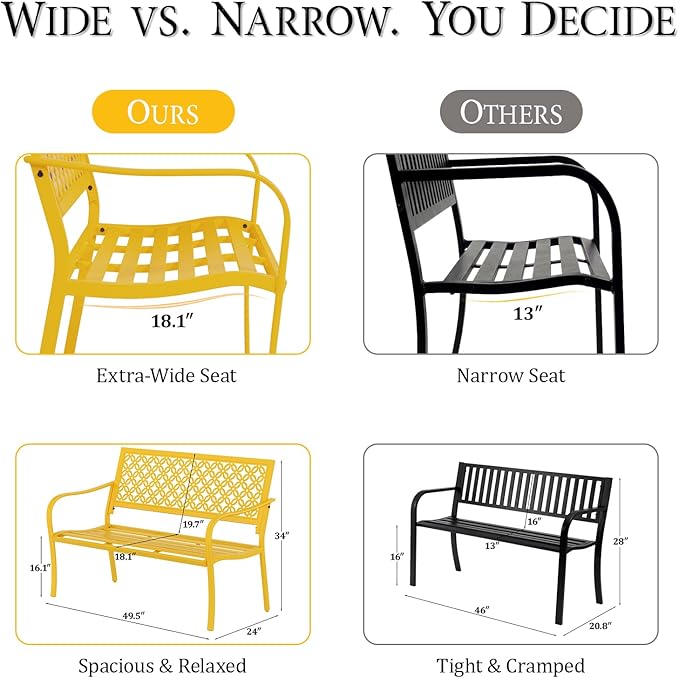 50" Outdoor Bench Weatherproof, 700 lbs Capacity Heavy Duty Garden Benches with Galvanized Metal Frame, Patio Bench with Floral Backrest, Patio Furniture for Porch, Park, Yard, Entryway, Yellow