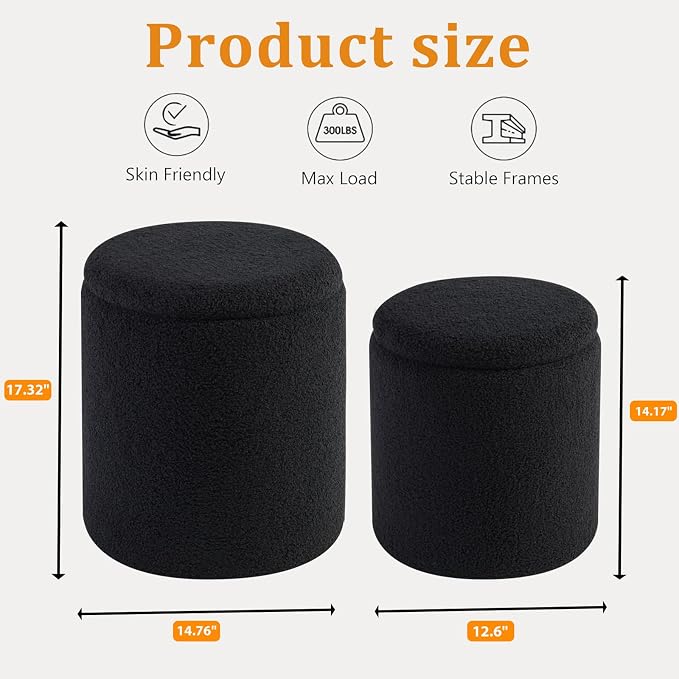 BLEXA Set of 2 Round Storage Ottoman, Black Boucle Ottoman with Storage | Upholstered Padded Vanity Stool, Multifunctional Coffee Table & Foot Rest for Bedroom, Living room with Hidden Storage Space