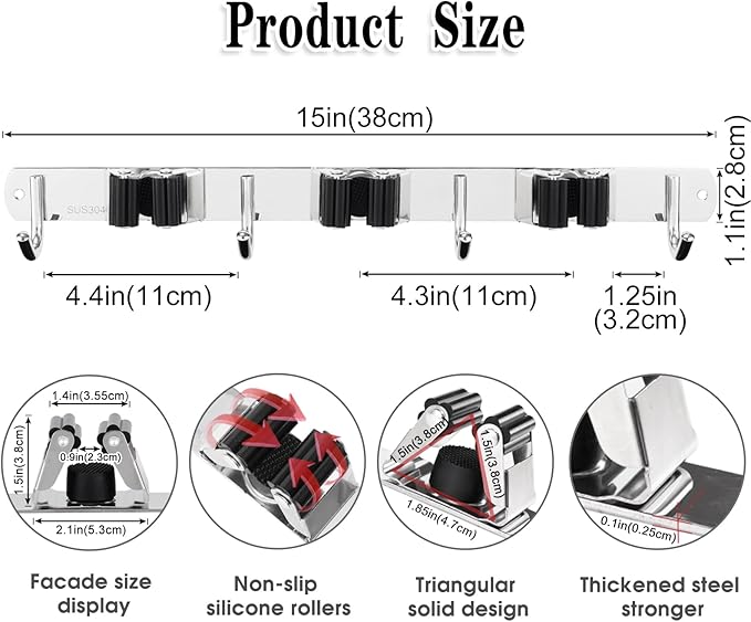 2 Pack Broom Holder Wall Mount, 3 Racks 4 Hooks Mop and Broom Organizer