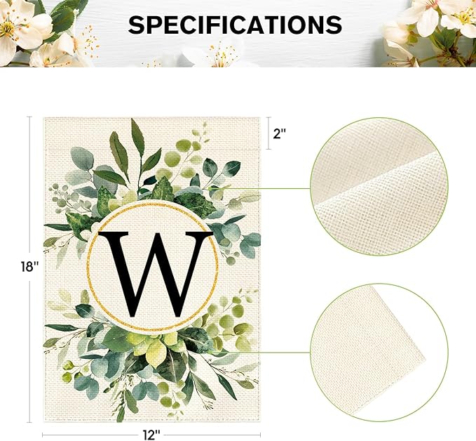 AVOIN colorlife Monogram Letter W Floral Garden Flag 12x18 Inch Double Sided Outside, Family Last Name Initial Yard Outdoor Decoration