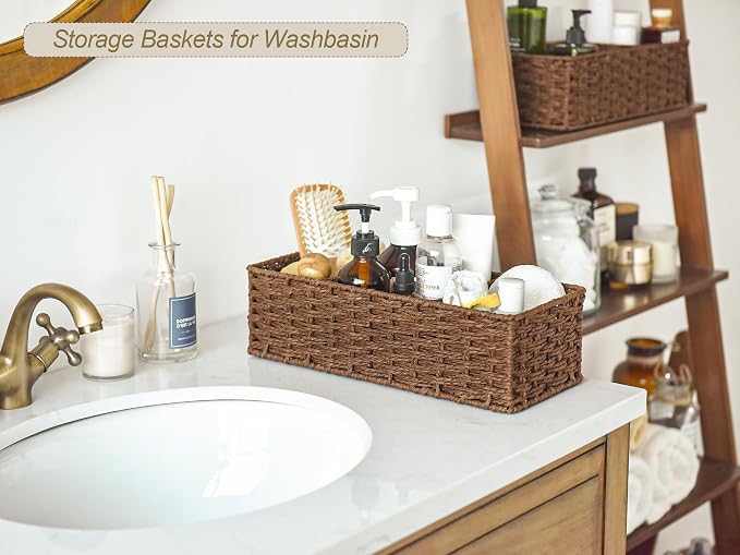 StorageWorks Toilet Paper Basket, Paper Rope Back of Toilet Basket, Walnut | Wicker Baskets with 3 Dividers, Toilet Paper Storage for Back of Toilet Tank, Woven Baskets for Shelves, Pantry, 2 Pack