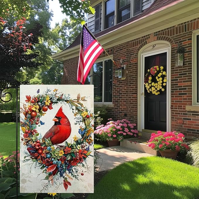Spring Summer Cardinal Bird Garden Flag 12x18 Inch Double Sided, Welcome Yard Decor, Farmhouse Outdoor Flag for Lawn Patio Porch