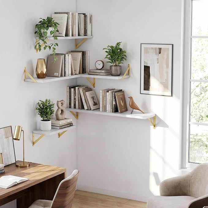 Dreamland Wall Mounted Floating Shelves Set of 2, 24x8, White&Gold
