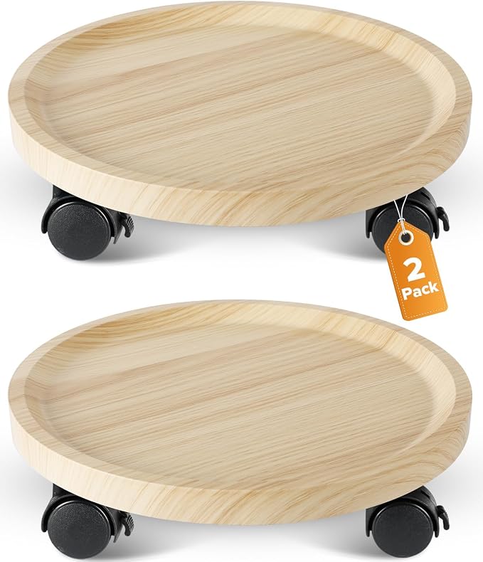 2 Pack Plant Caddy With Wheels, 12" Wood Rolling Plant Stand with 360° Lockable Wheels, Plant Stands Outdoor for Large Plants, Flower Cart Plant Dolly Plant Caster for Heavy Objects, Natural