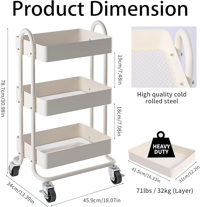 Metal Rolling Cart,3-Tier Metal Rolling Cart with Wheels,3 Tier Utility Cart with Wheels for Office,Home,Kitchen,Garden（13.4"x18.1"x31"） White
