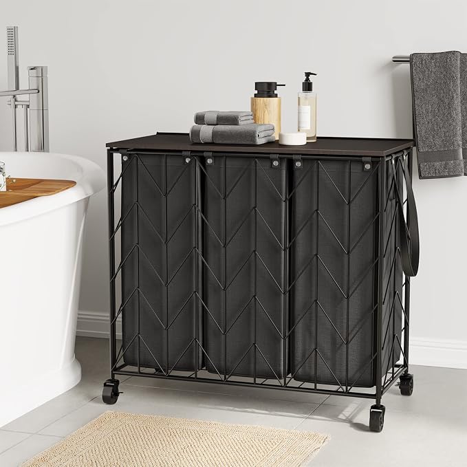 WOWLIVE Laundry Hamper 3 Section with Lid, 142L Laundry Basket with Wheels | Rolling Dirty Clothes Hamper with Removable Bags, Large Iron-Made Laundry Basket Organizer Laundry Sorter for Dorm, Black