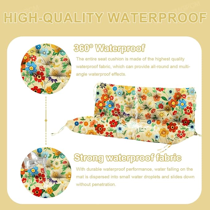 Premium 5" Thick Waterproof Outdoor Swing Cushions Sturdy Durable 2-3 Seat Replacement Porch Swing Cushions with Backrest&Ties Bench Cushion for Outdoor Furniture Backyard Patio (Flower03)