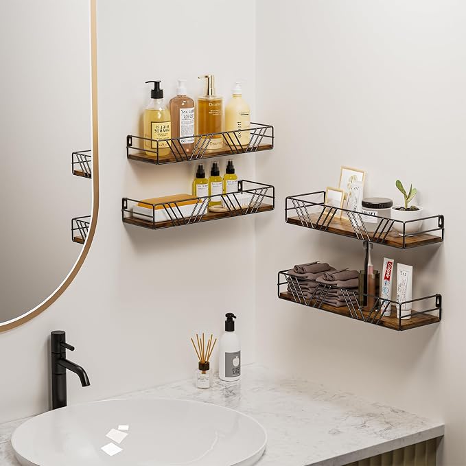 Floating Shelves for Wall, 4 Sets Rustic Shelf with Metal Frame