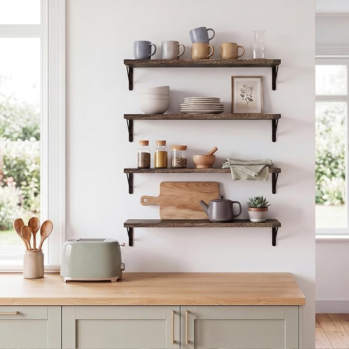 YGEOMER 23.6in Floating Shelves for Wall Home Decor, Brown, Wood, Set of 4 | Rustic wood shelves with metal brackets. Space-saving for books & decor. Works in bathroom, kitchen, living room & bedroom.