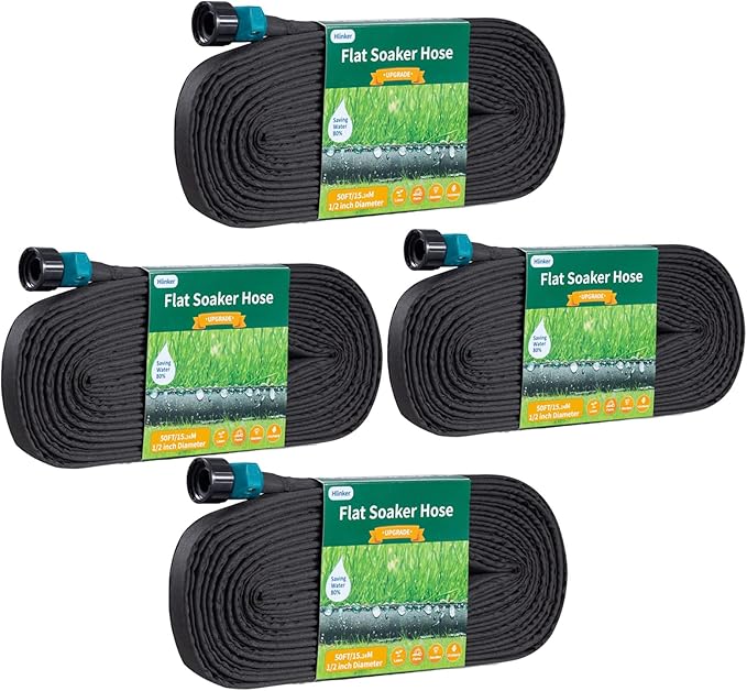 Hlinker Flat Soaker Hose 50 200 FT for Garden Beds, 200FT 1/2" Linkable Consistent Drip Irrigation Hose Save 80% Water, Leakproof Heavy Duty Double Layer Sprinkler Hose