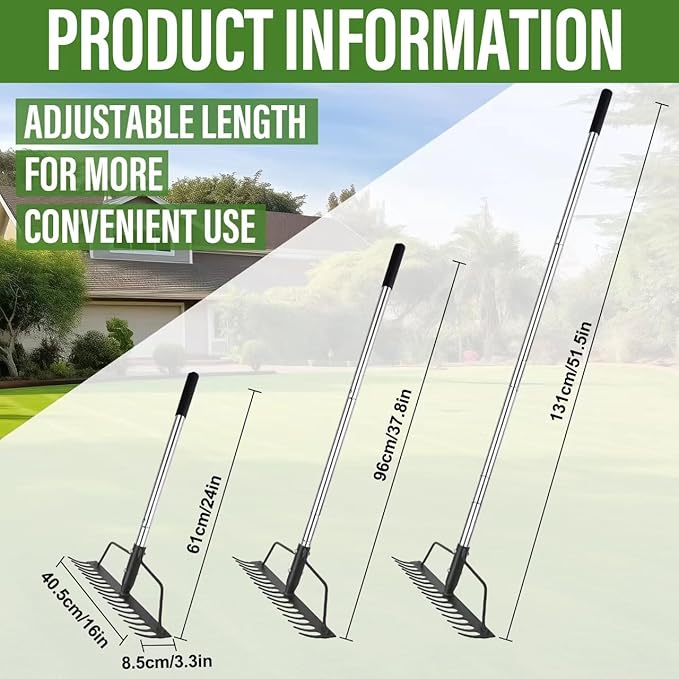 BARAYSTUS 15 Inch Wide Bow Rake, 16 Steel Tines Metal Head Rake Tool with Stainless Steel Handle, Adjustable Long Handle Garden Rake for Loosening Soil Leveling Mulch Gathering Lawns Leaves