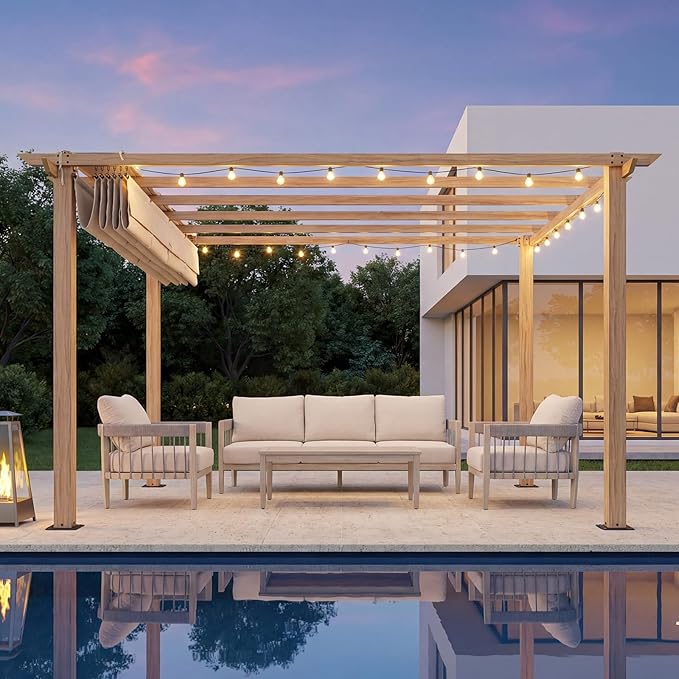 10' X 10' Faux Wood Grain Aluminum Outdoor Retractable Pergola Canopy, Patio Pergola Outdoor Pergola with Sun Shade Canopy, Metal Gazebo with Adjustable Canopy Roof for Backyard Beach, Beige