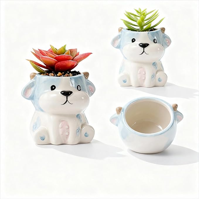 Cute Animal Ceramic Succulent Planters, Small Bonsai Planter, Aloe Cactus Succulent Plant Pots with Drainage Indoor Outdoor Use for Office Home Garden Decoration, Plants Not Included (Cow)