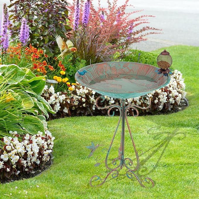 VEWOGARDEN Large Metal Bird Bath for Outside Garden Standing Birdbath with Feeder for Outdoors Yard Patio Lawn Decoration, Light Green
