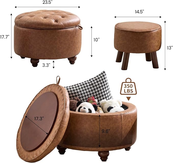 24Inch Round Storage Ottoman, Set of 2, Modern PU Leather Coffee Table with Removable Top, Upholstered Ottoman with Storage Footrest Stool for Living Room, Bedroom (Brown)
