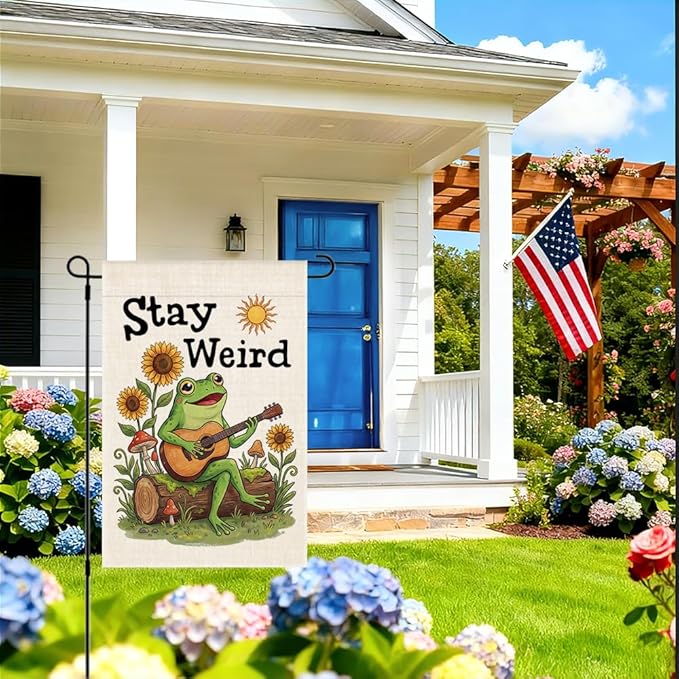RZHV Stay Weird Double-Sided Garden Flag for Outdoor House Yard Sign Garden Decor Parade, Funny Frog Playing Guitar Sun Vertical Flag, Diversity Inclusive Outdoor Lawn House Patio Banner Decoration
