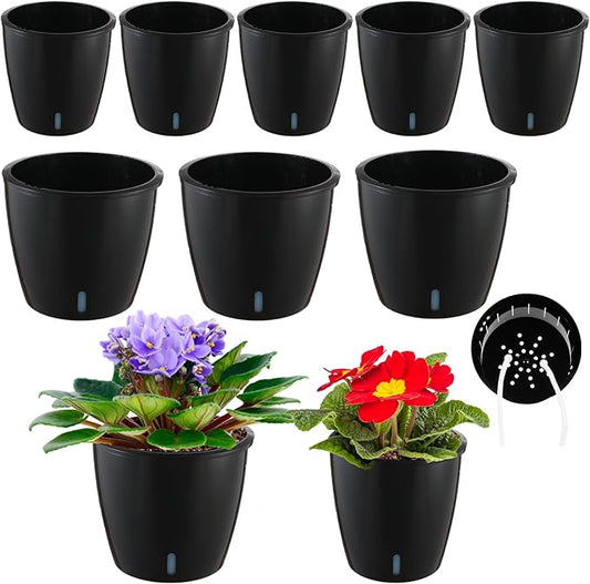 Planterhoma 5/6.7 Inch Self Watering Pots for Indoor Plants, 8 Packs Self Watering Planters for Orchid, Spider Plant, Devil's Ivy & African Violet, Water Indicator & Black Wick Pots, Black