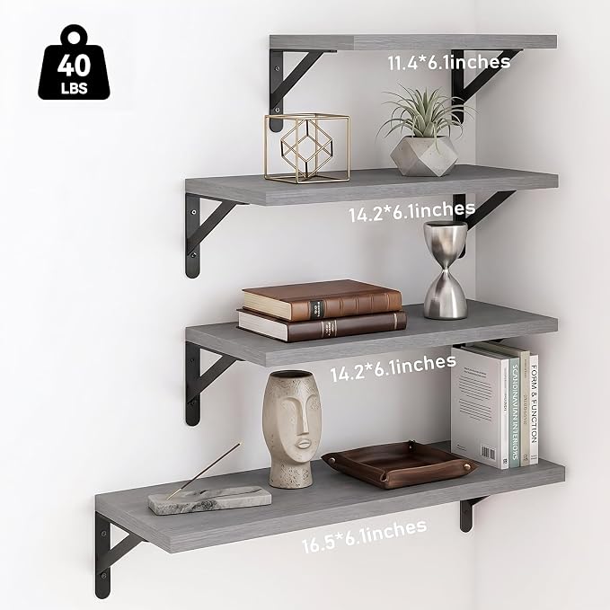 YGEOMER 4 Different Sizes Floating Shelves for Wall Home Decor, Grey | Rustic wood shelves in mixed sizes for flexible combined storage. Fits bathroom, kitchen, living room, bedroom and office.