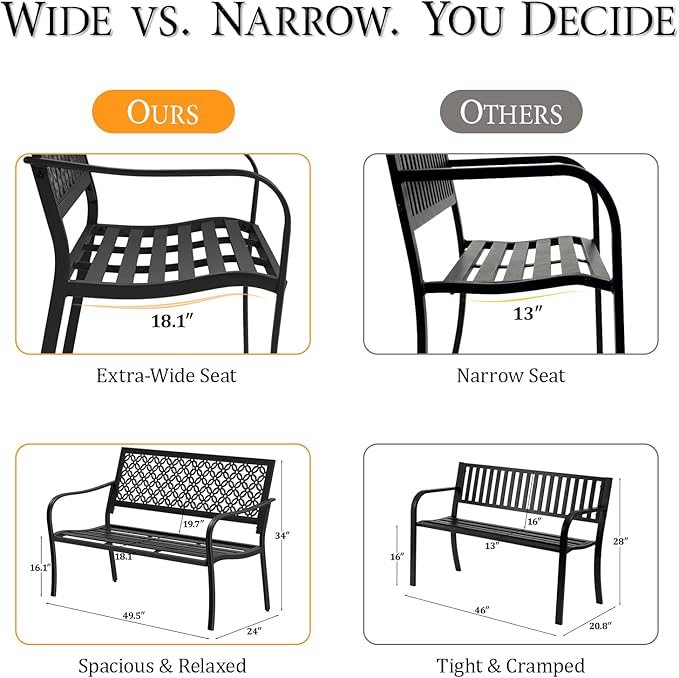 50" Outdoor Bench Weatherproof, 700 lbs Capacity Heavy Duty Garden Benches with Galvanized Metal Frame, Patio Bench with Floral Backrest, Patio Furniture for Porch, Park, Yard, Entryway, Black