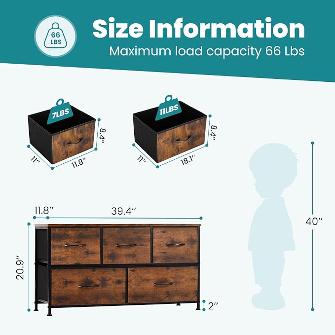 OLIXIS 5 Drawer Dresser for Bedroom, Wide Fabric Storage Tower, Brown