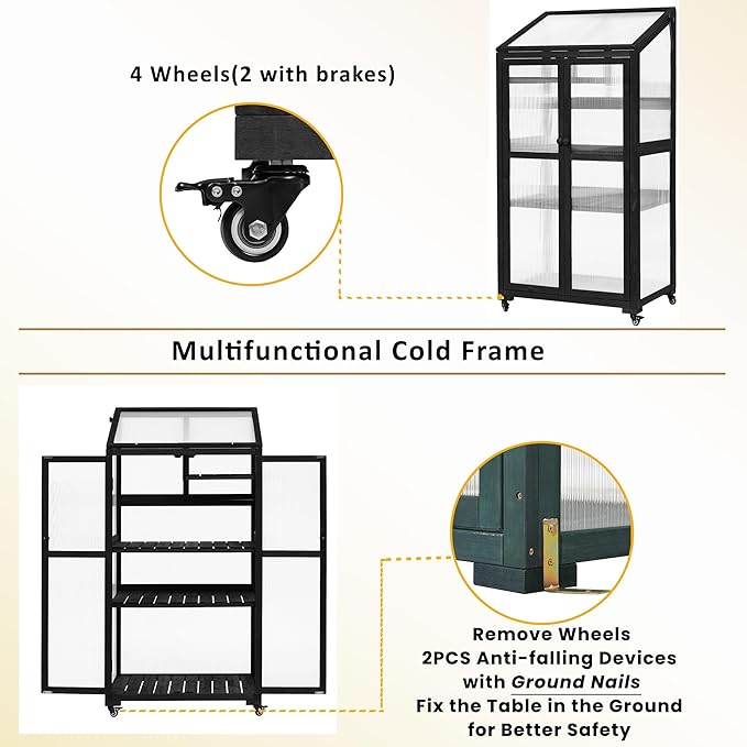 62'' H Wood Greenhouse for Outdoors, Portable Cold Frame Greenhouses with Wheels & Adjustable Shelves for Indoor, Garden, Patio Balcony,Easy Assembly,Black