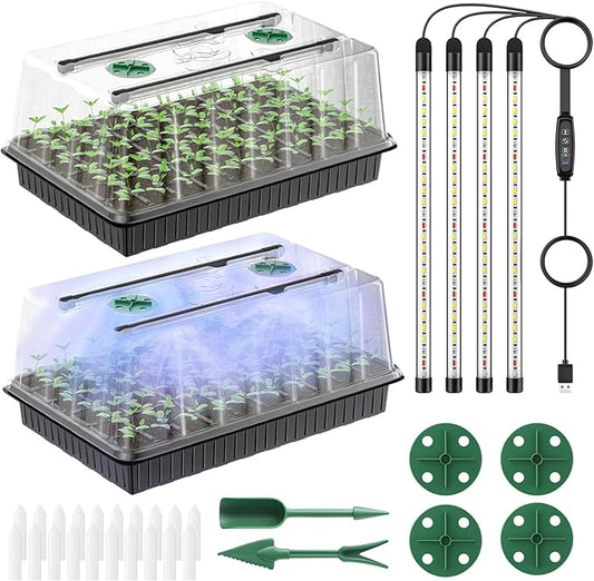 Pawfly 2 Pack Seed Starter Kit, 120 Cells, Seed Starter Trays with Adjustable Grow Light Bars & 4" Humidity Domes, Indoor Seedling Starter Trays, Reusable Plant Germination Trays, Seed Starting Trays