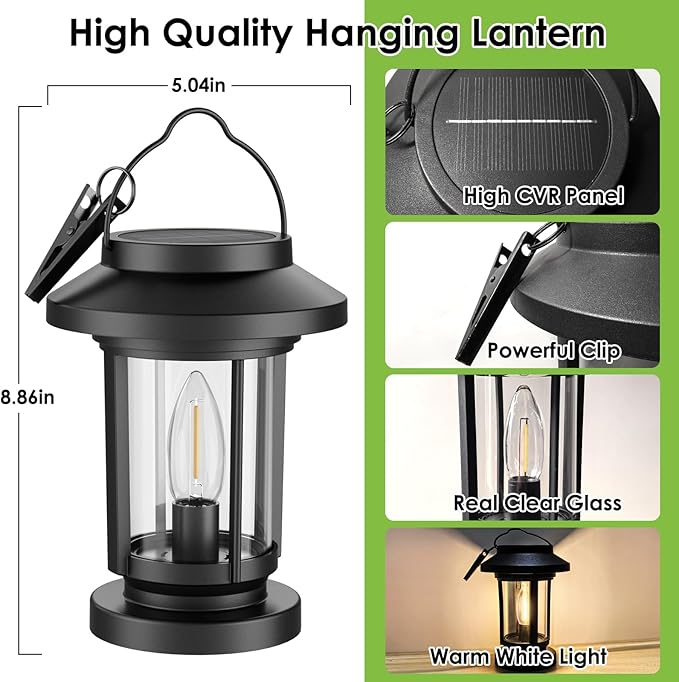 Greluna Solar Lantern Outdoor, Waterproof Candle Style Bulb Solar Hanging Lights, Auto On/Off Decorative Garden Lights for Patio Yard Porch Pool Pathway Camping Tabletop Decor