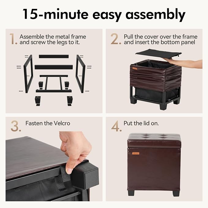 ABHENG Steel Frame Small Ottoman with Storage Antique Brown UASND70R | 12.2" D x 16.1" W x 17.7" H, Hold 660 lbs, 48L Storage Capacity, Waterproof Faux Leather, Removable Lid, for Dorm Living Room