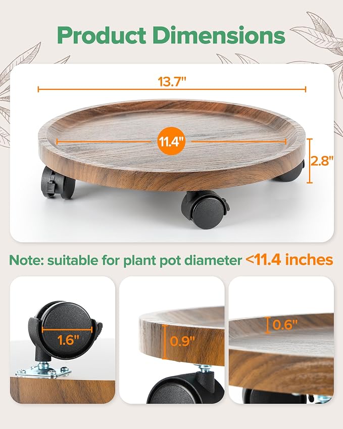 2 Pack Plant Caddy with Wheels, 14" Wood Rolling Plant Stand with 360° Lockable Wheels, Plant Stands Outdoor for Large Plants, Flower Cart Plant Dolly Plant Caster for Heavy Objects, Walnut